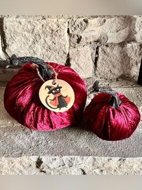 New Fall Halloween Cranberry Red Plush Velvet Pumpkins w/ Glitter Stems Set of 2